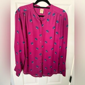 Faded Glory Magenta Blouse with Blue Leaf Pattern